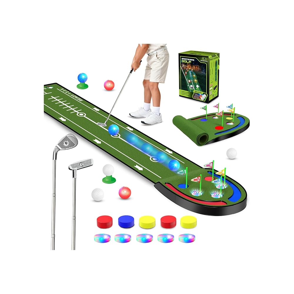 VATOS Golf Putting Mat Indoor for Kids - Golf Game Set with LED Balls, Glow Holes, Irons & Putters, Portable Putting Green Outdoor for Home Backyard Party, Golfs Toy Gifts for Kids 6-14