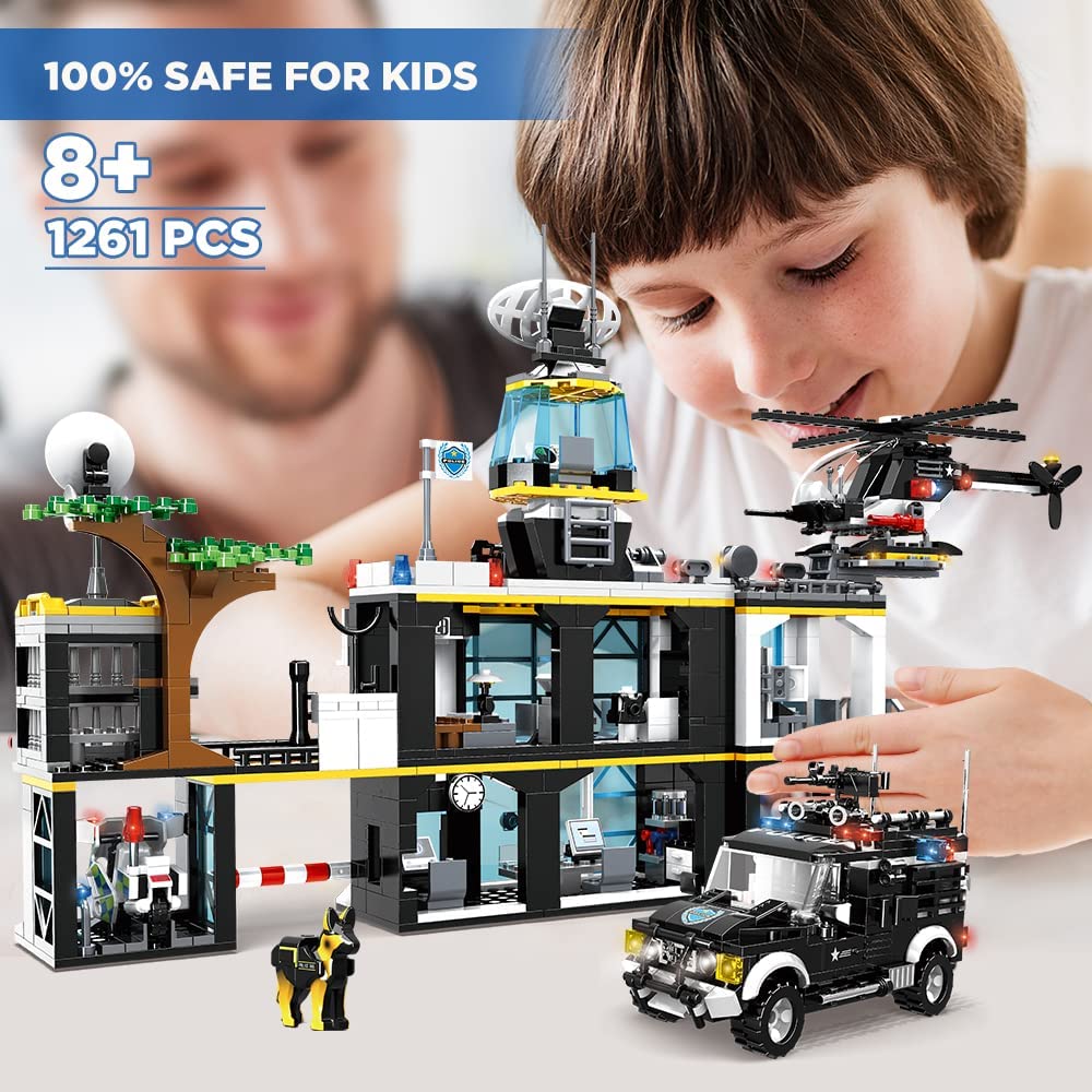 HOGOKIDS City Police Station Building Set with Helicopter Police Cars and Motorcycle, 1261 PCS STEM Police Building Blocks Toys, Construction Playset Gift