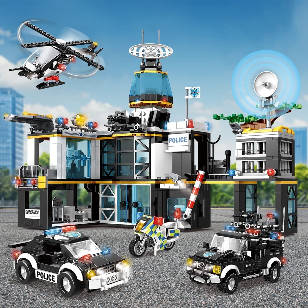 HOGOKIDS City Police Station Building Set with Helicopter Police Cars and Motorcycle, 1261 PCS STEM Police Building Blocks Toys, Construction Playset Gift
