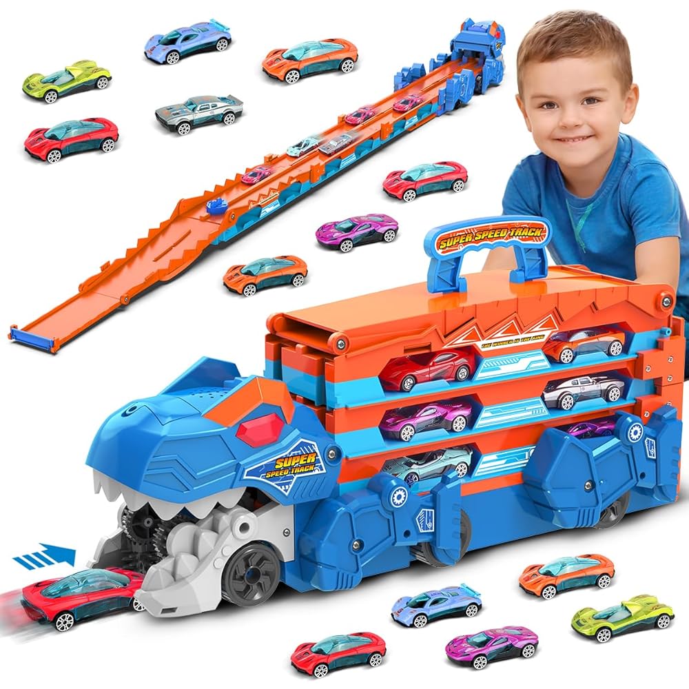 Dinosaur-devouring container truck - blue and orange color scheme