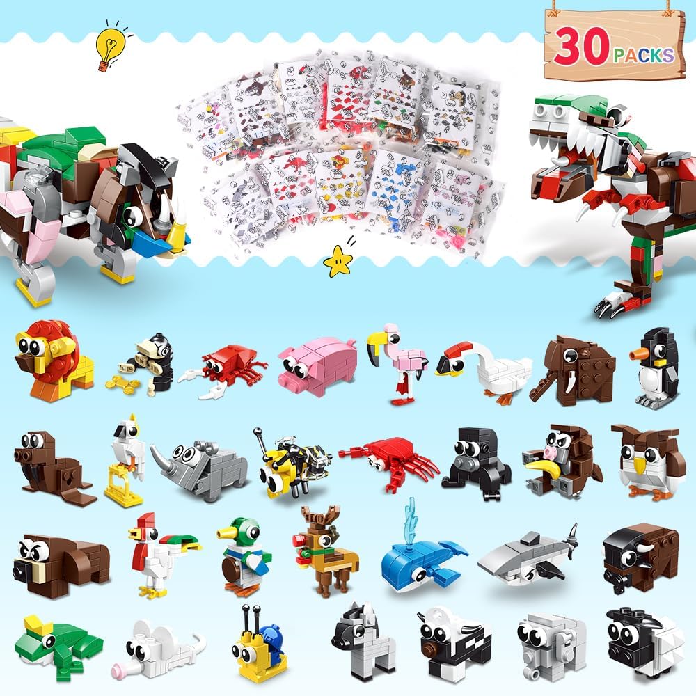 30 Packs Party Favors for Kids - 867PCS Animals Building Blocks Sets for Classroom Prizes Goodie Bag Fillers Stocking Stuffers Birthday Valentines Easter Gifts for Kids Boys Girls 6+