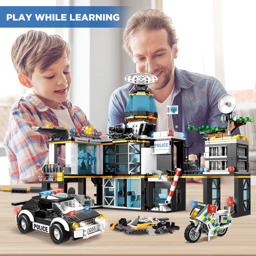 HOGOKIDS City Police Station Building Set with Helicopter Police Cars and Motorcycle, 1261 PCS STEM Police Building Blocks Toys, Construction Playset Gift