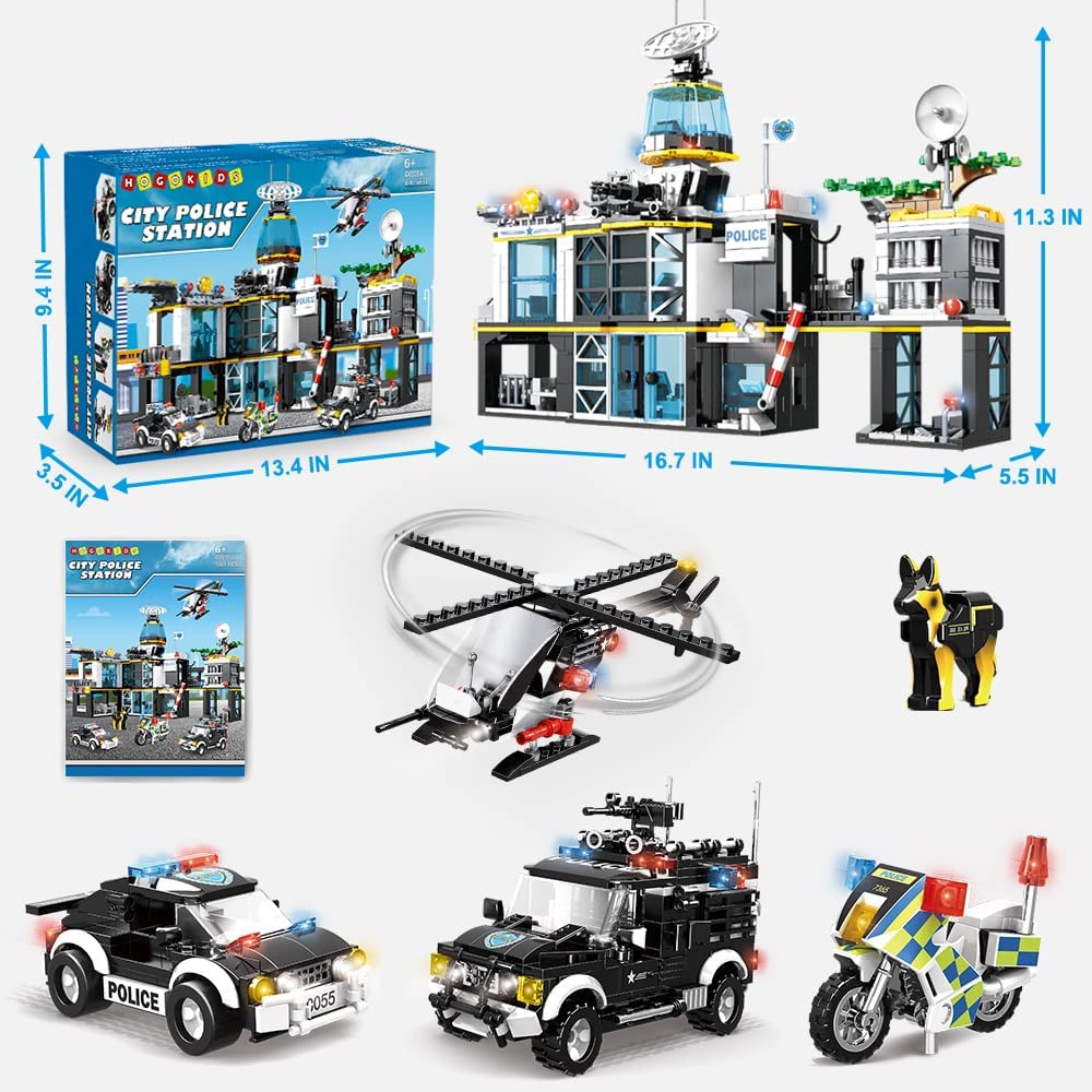 HOGOKIDS City Police Station Building Set with Helicopter Police Cars and Motorcycle, 1261 PCS STEM Police Building Blocks Toys, Construction Playset Gift