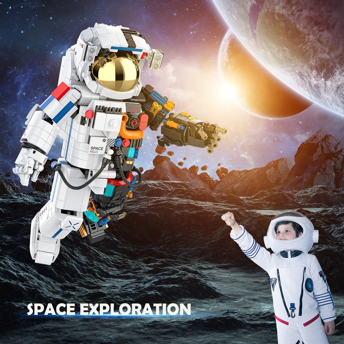 HOGOKIDS Astronaut Space Building Set - Ideas Space Toy for Adults Kids Building Blocks Kit with Display Stand & Two Helmets | Creative STEM Star Space Wars Set