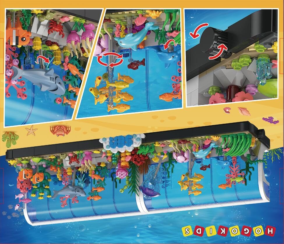 HOGOKIDS Aquarium Building Sets - 2 Styles Oceanarium Building Toy for Kids Adults, Pivoting Undersea Fish Tank Includs Dolphins Shark Crab Fish Jellyfish Animals Construction Gift for Boys Girls 6-12