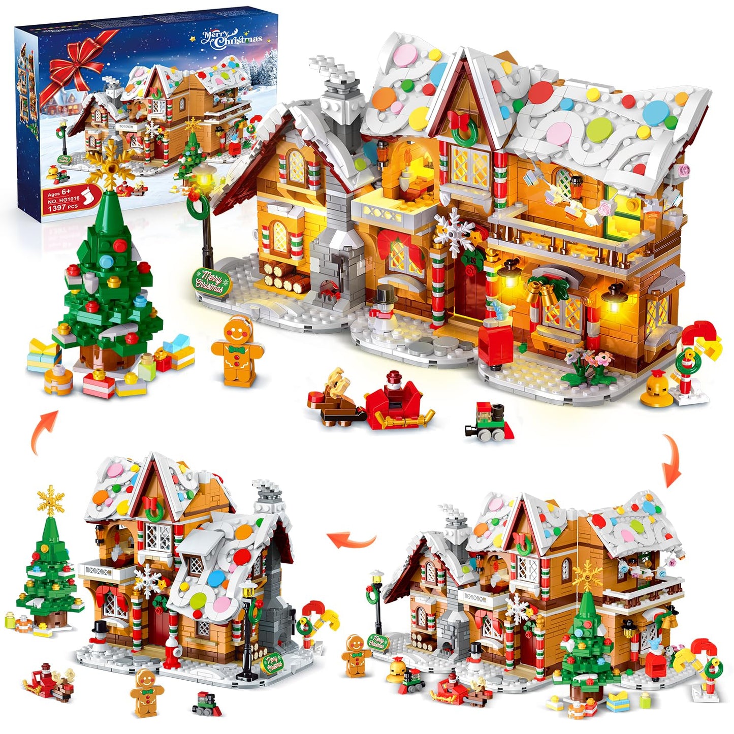 2024 Christmas Gingerbread House Building Toy with LED Light - 3 Style Modes Gingerbread Village House Building Block Set with Santa Claus Xmas Tree Train for Adults Kids Girls Boys Ages 8+ (1397 PCS)