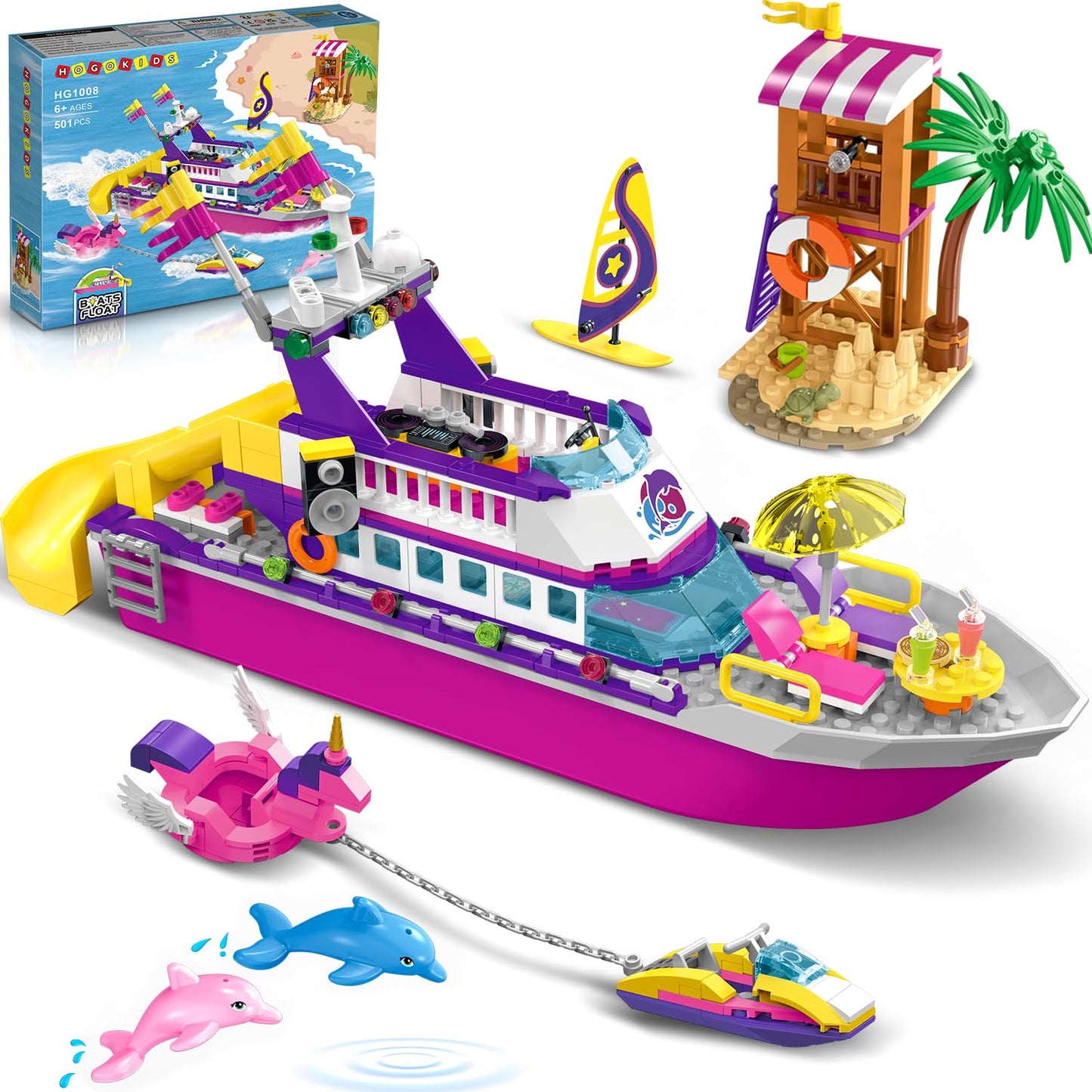 HOGOKIDS Boat Building Set with LED Light - Floatable Cruise Ship Building Toys with Beach Water Scooter & Dolphins Watchtower Blocks Friends Playset Gifts for Kids Girls Boys Ages 6-12 Years(501 PCS)