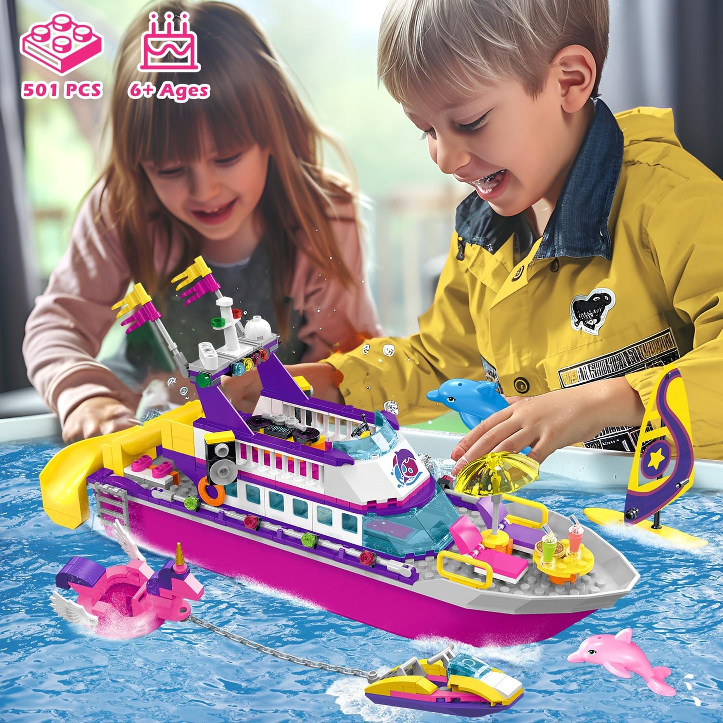 HOGOKIDS Boat Building Set with LED Light - Floatable Cruise Ship Building Toys with Beach Water Scooter & Dolphins Watchtower Blocks Friends Playset Gifts for Kids Girls Boys Ages 6-12 Years(501 PCS)