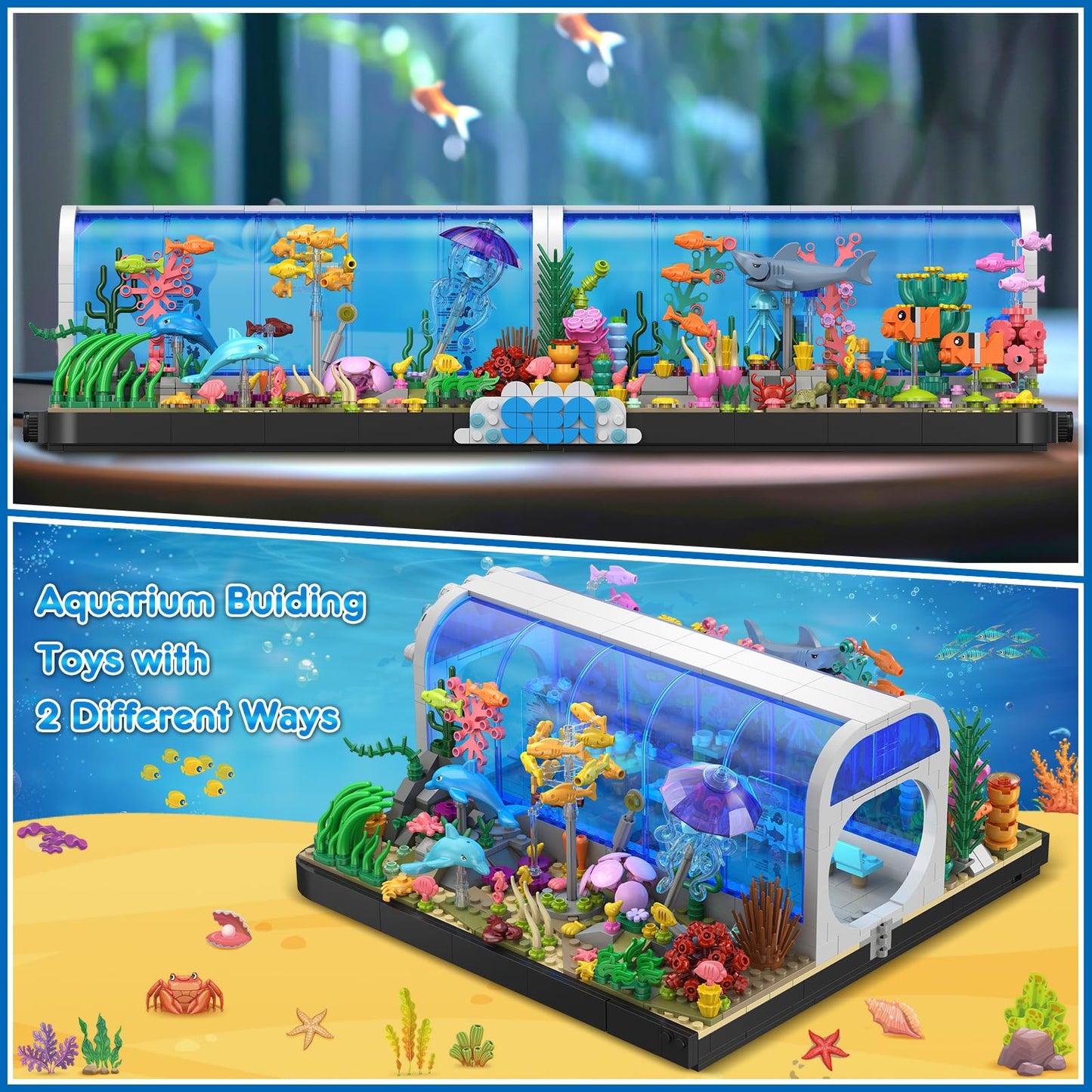 HOGOKIDS Aquarium Building Sets - 2 Styles Oceanarium Building Toy for Kids Adults, Pivoting Undersea Fish Tank Includs Dolphins Shark Crab Fish Jellyfish Animals Construction Gift for Boys Girls 6-12