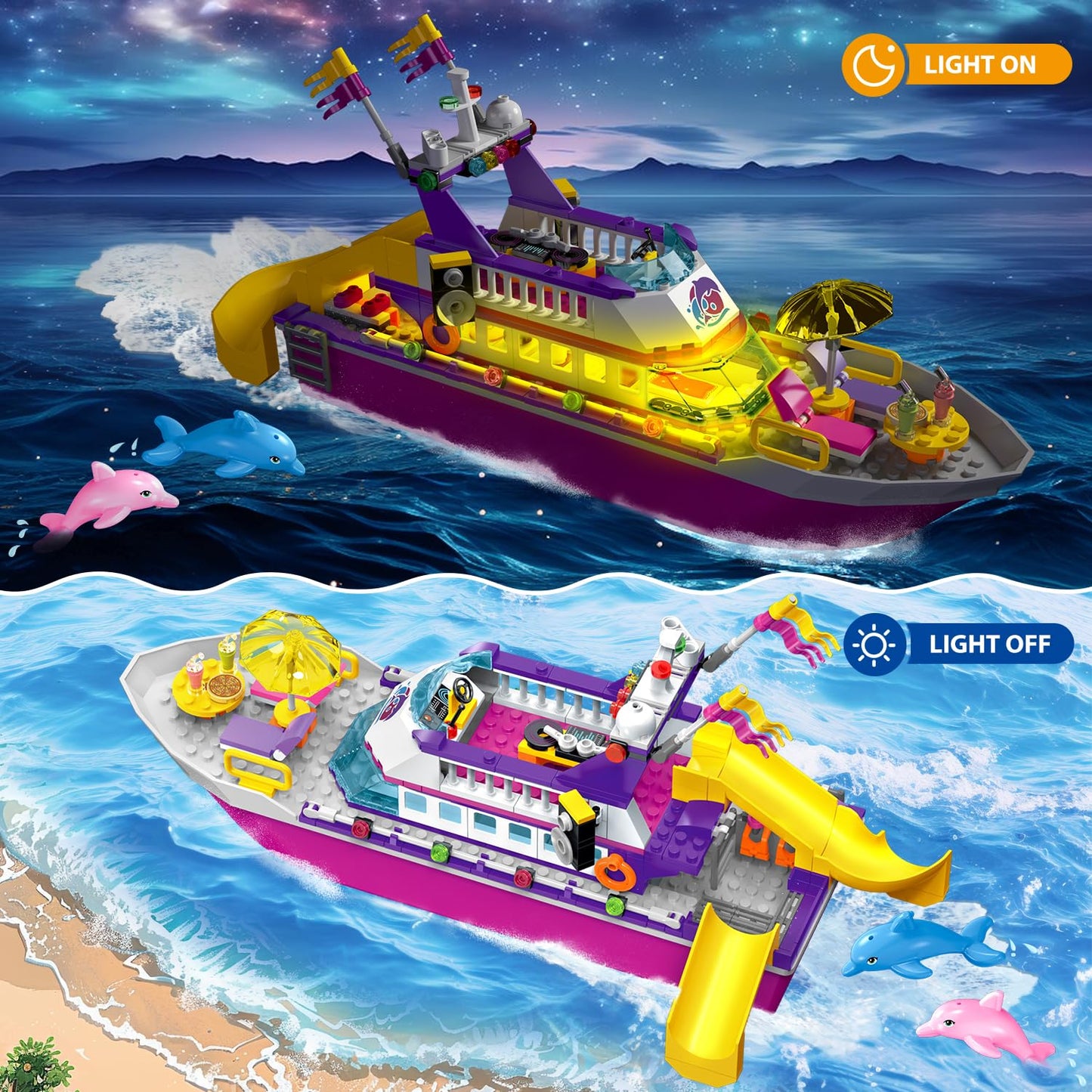 HOGOKIDS Boat Building Set with LED Light - Floatable Cruise Ship Building Toys with Beach Water Scooter & Dolphins Watchtower Blocks Friends Playset Gifts for Kids Girls Boys Ages 6-12 Years(501 PCS)