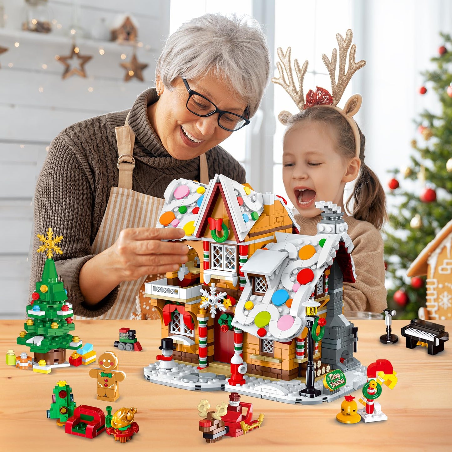 2024 Christmas Gingerbread House Building Toy with LED Light - 3 Style Modes Gingerbread Village House Building Block Set with Santa Claus Xmas Tree Train for Adults Kids Girls Boys Ages 8+ (1397 PCS)