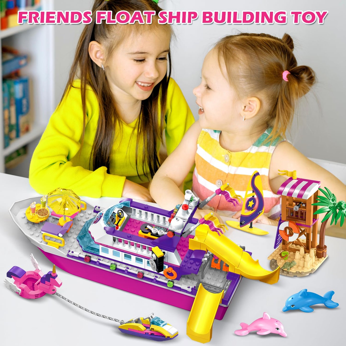 HOGOKIDS Boat Building Set with LED Light - Floatable Cruise Ship Building Toys with Beach Water Scooter & Dolphins Watchtower Blocks Friends Playset Gifts for Kids Girls Boys Ages 6-12 Years(501 PCS)