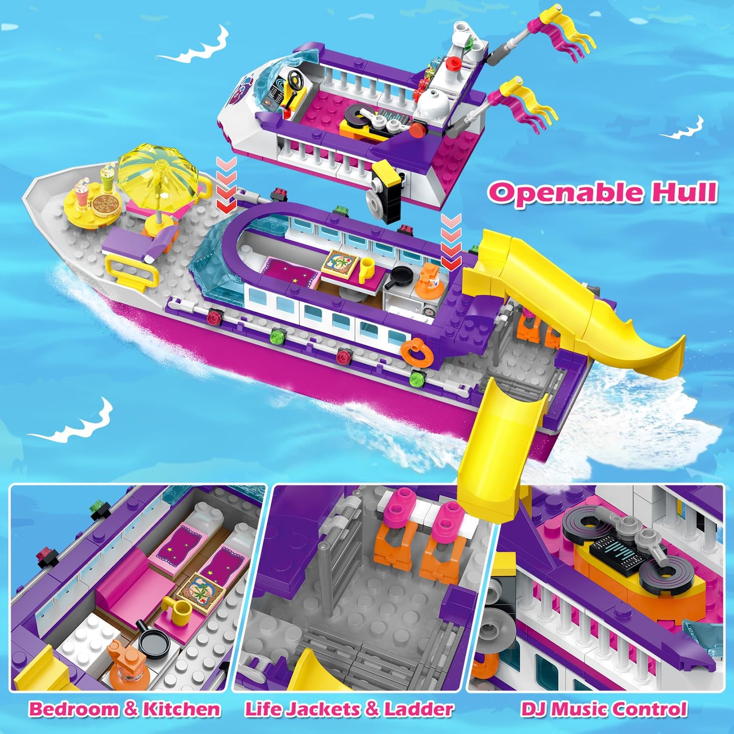 HOGOKIDS Boat Building Set with LED Light - Floatable Cruise Ship Building Toys with Beach Water Scooter & Dolphins Watchtower Blocks Friends Playset Gifts for Kids Girls Boys Ages 6-12 Years(501 PCS)