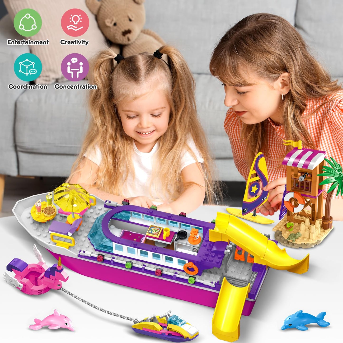 HOGOKIDS Boat Building Set with LED Light - Floatable Cruise Ship Building Toys with Beach Water Scooter & Dolphins Watchtower Blocks Friends Playset Gifts for Kids Girls Boys Ages 6-12 Years(501 PCS)