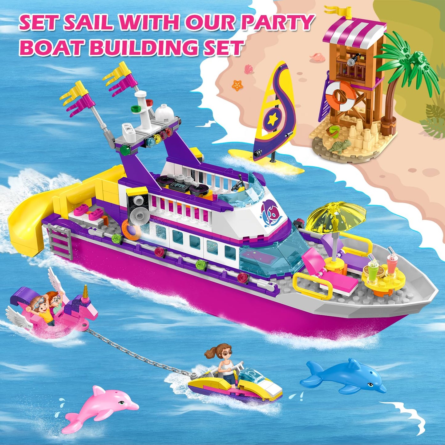 HOGOKIDS Boat Building Set with LED Light - Floatable Cruise Ship Building Toys with Beach Water Scooter & Dolphins Watchtower Blocks Friends Playset Gifts for Kids Girls Boys Ages 6-12 Years(501 PCS)