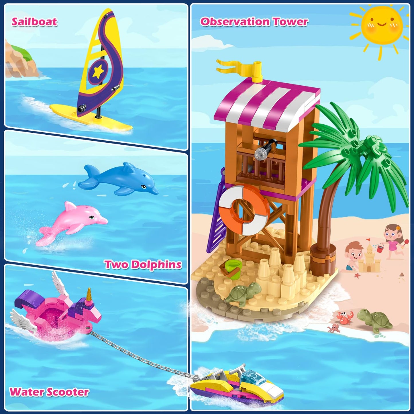 HOGOKIDS Boat Building Set with LED Light - Floatable Cruise Ship Building Toys with Beach Water Scooter & Dolphins Watchtower Blocks Friends Playset Gifts for Kids Girls Boys Ages 6-12 Years(501 PCS)