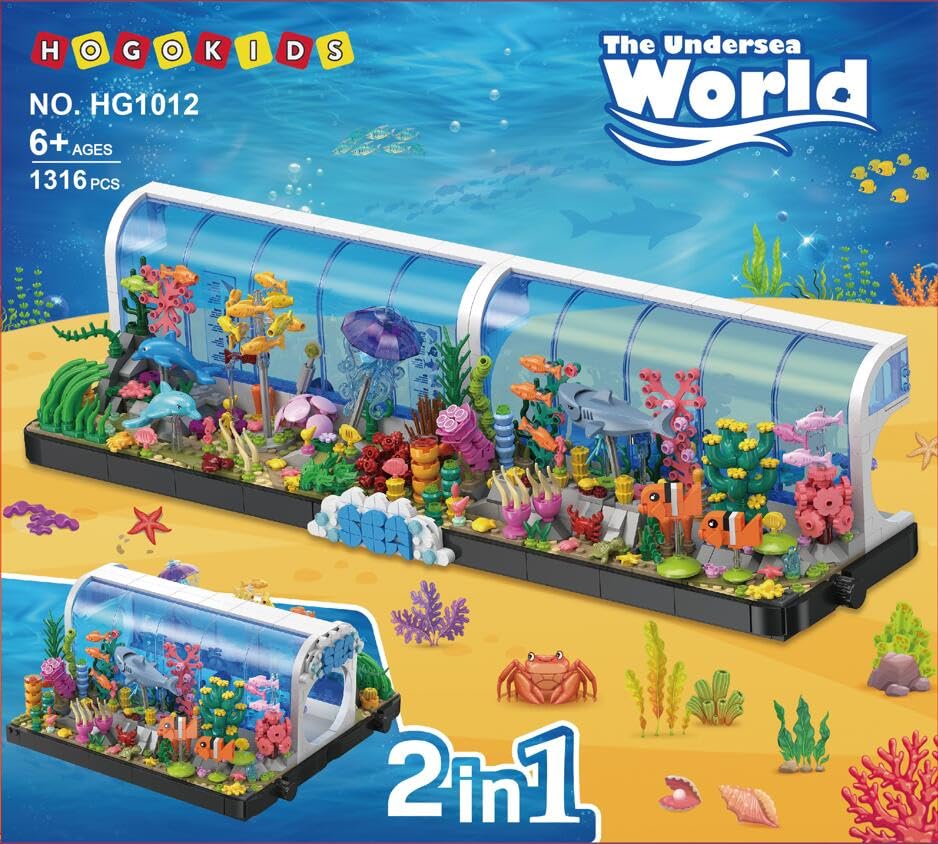 HOGOKIDS Aquarium Building Sets - 2 Styles Oceanarium Building Toy for Kids Adults, Pivoting Undersea Fish Tank Includs Dolphins Shark Crab Fish Jellyfish Animals Construction Gift for Boys Girls 6-12