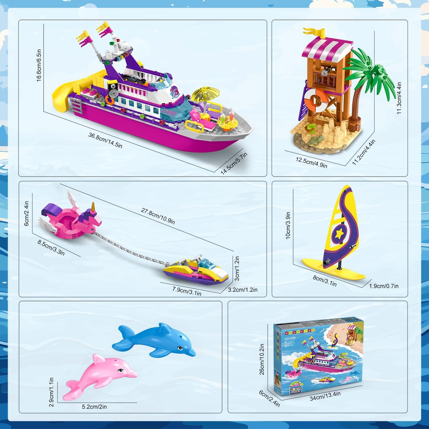 HOGOKIDS Boat Building Set with LED Light - Floatable Cruise Ship Building Toys with Beach Water Scooter & Dolphins Watchtower Blocks Friends Playset Gifts for Kids Girls Boys Ages 6-12 Years(501 PCS)