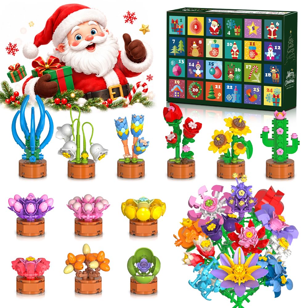 2026 Advent Calendar Flowers Botanicals Christmas Building Sets for Kids 6+
