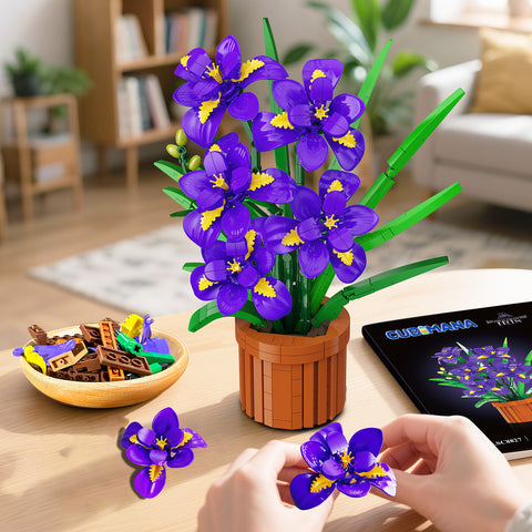 CUBIMANA Flowers Botanicals Iris Building Set - Artificial Purple Bonsai Plant for Home Office Décor, 808PCS