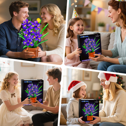 CUBIMANA Flowers Botanicals Iris Building Set - Artificial Purple Bonsai Plant for Home Office Décor, 808PCS