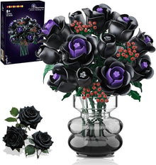 Flowers Bouquet Building Set - 15 Halloween Black Roses Botanical Collection Building Blocks Artificial Flower 330PCS Gothic Home Decor Christmas Birthday Gift for Adults Kids Girls Age 8+