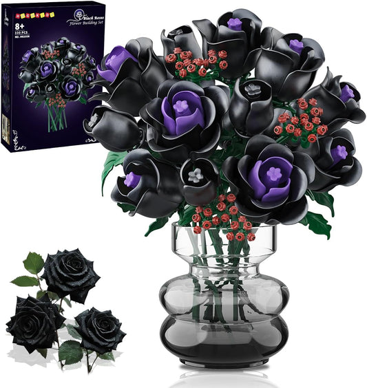 Flowers Bouquet Building Set - 15 Halloween Black Roses Botanical Collection Building Blocks Artificial Flower 330PCS Gothic Home Decor Christmas Birthday Gift for Adults Kids Girls Age 8+