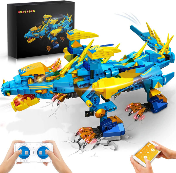 HOGOKIDS Remote Controlled Dragon Toy for Children - 515 Pieces Technology Remote Controlled & App Control Water Dragon Toy Construction Toy