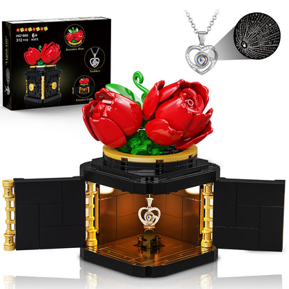 HOGOKIDS Flower Box Building Set with LED Light & Necklace, Preserved Roses with Heart Necklace I Love You Gift(312 PCS)