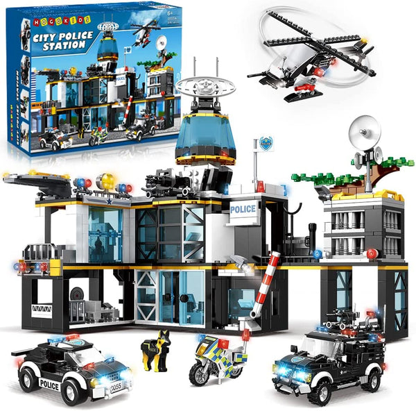 HOGOKIDS City Police Station Building Set with Helicopter Police Cars and Motorcycle, 1261 PCS STEM Police Building Blocks Toys, Construction Playset Gift