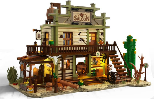 Wild West Building Set with Light, Western Building Block Toy with Horse Carriage Wine Barrel, Construction Model for 12+ Teens Adults
