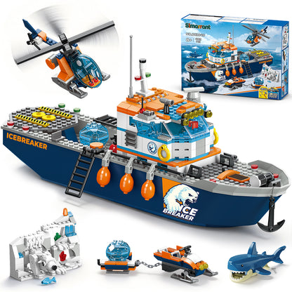 Arctic Icebreaker Ship Building Blocks Set with Helicopter, Boat & Polar Bear