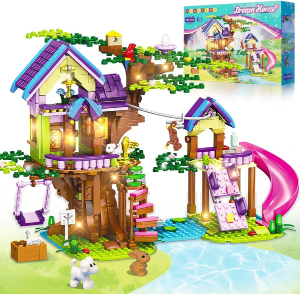 HOGOKIDS Tree House Building Toy with LED Light - 751 PCS Treehouse Building Block Set with Slides Swing Animals, Friendship Forest House