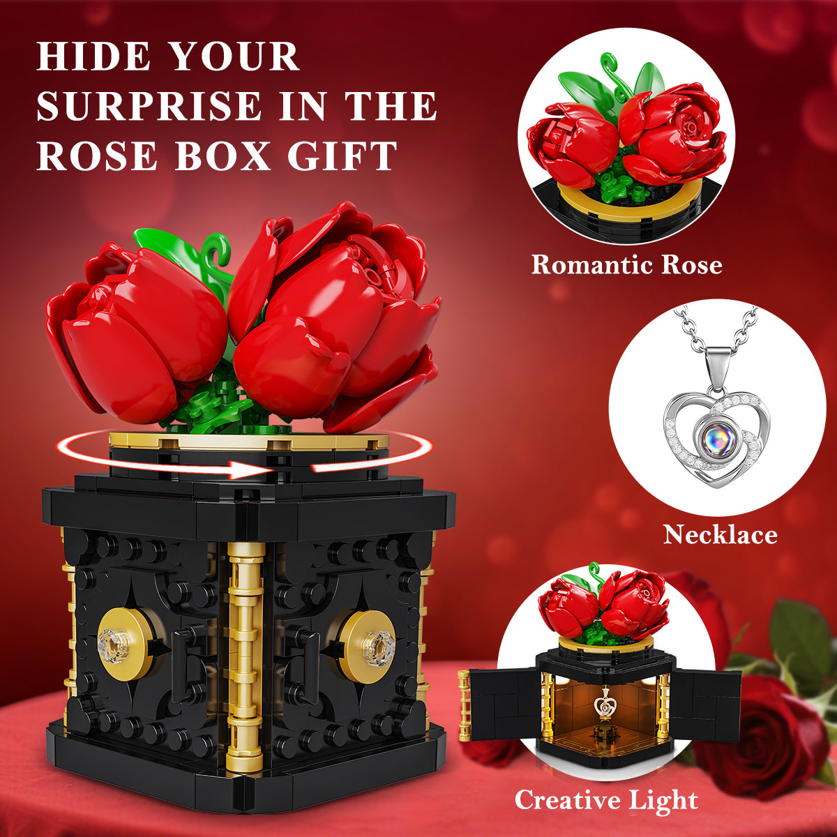 HOGOKIDS Flower Box Building Set with LED Light & Necklace, Preserved Roses with Heart Necklace I Love You Gift(312 PCS)