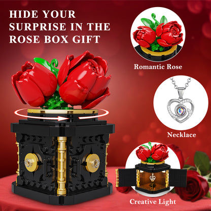 HOGOKIDS Flower Box Building Set with LED Light & Necklace, Preserved Roses with Heart Necklace I Love You Gift(312 PCS)