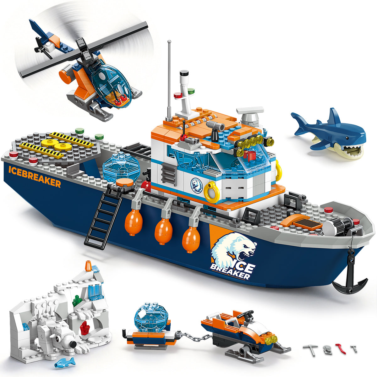 Arctic Icebreaker Ship Building Blocks Set with Helicopter, Boat & Polar Bear