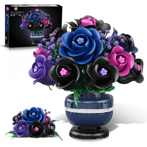 Flowers Botanicals Building Set - Artificial Purple Black Rose Bonsai Plant for Home Decor, 507PCS Artificial Flowers Building Set Indoor Gothic Decoration
