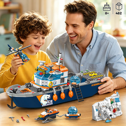 Arctic Icebreaker Ship Building Blocks Set with Helicopter, Boat & Polar Bear