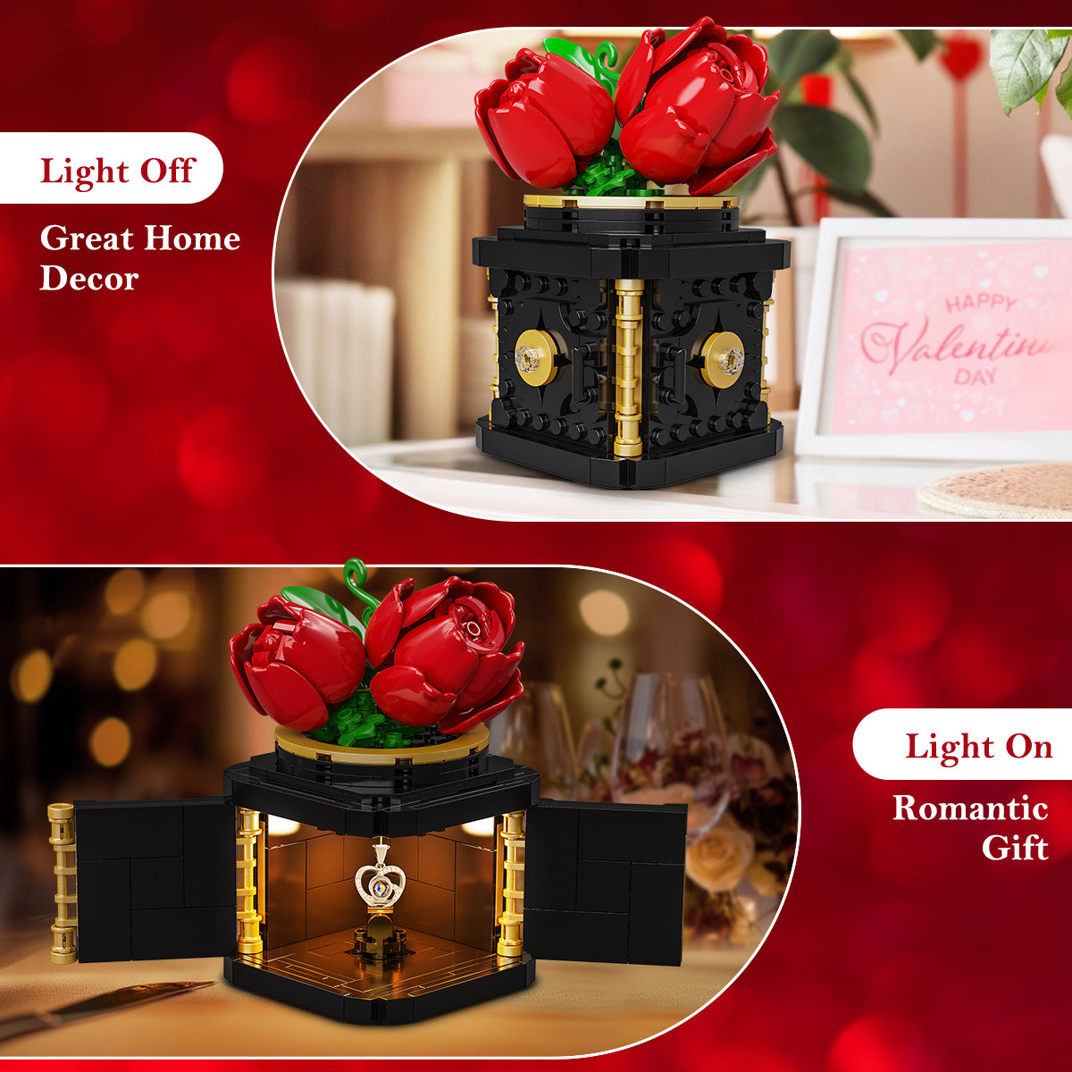 HOGOKIDS Flower Box Building Set with LED Light & Necklace, Preserved Roses with Heart Necklace I Love You Gift(312 PCS)