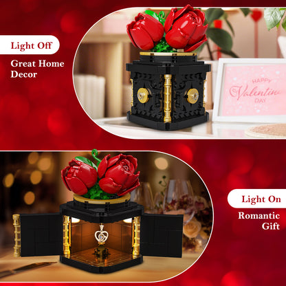 HOGOKIDS Flower Box Building Set with LED Light & Necklace, Preserved Roses with Heart Necklace I Love You Gift(312 PCS)