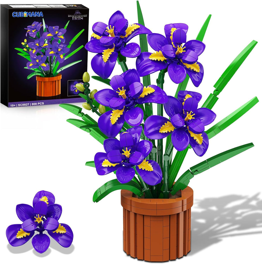 CUBIMANA Flowers Botanicals Iris Building Set - Artificial Purple Bonsai Plant for Home Office Décor, 808PCS