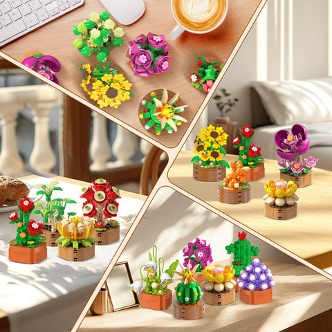15 Pack Flowers Plants Mini Building Sets - 1314PCS 3.6MM Flower Succulents Botanical Collection for Home Office Décor Block Toy