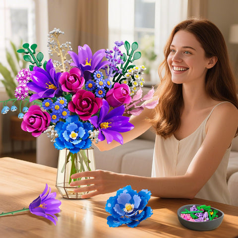 Valentines Flowers Bouquet Building Set with LED Light, 21 Flower Botanical Collection Block Toy, Rose Lily Home Plant Decor 1054PCS, 12+ (Purple)