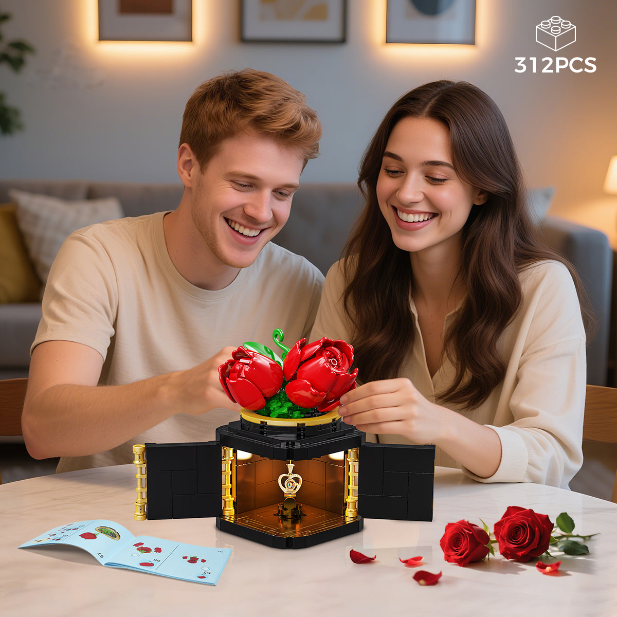 HOGOKIDS Flower Box Building Set with LED Light & Necklace, Preserved Roses with Heart Necklace I Love You Gift(312 PCS)