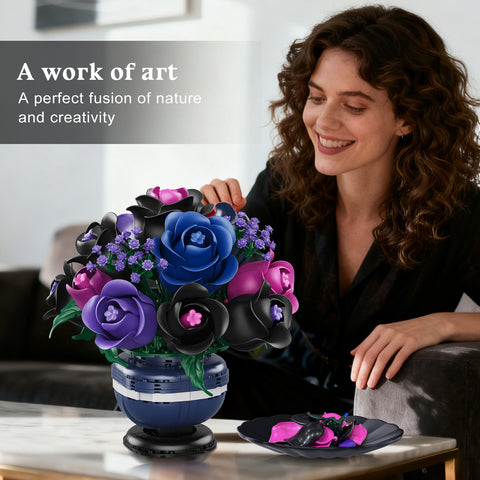 Flowers Botanicals Building Set - Artificial Purple Black Rose Bonsai Plant for Home Decor, 507PCS Artificial Flowers Building Set Indoor Gothic Decoration