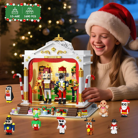 2025 Christmas Nutcracker Theater Building Set with Light,4 Nutcrackers & 8 Minifig ures, 1690PCS for Adult Girl Boy Age 12+