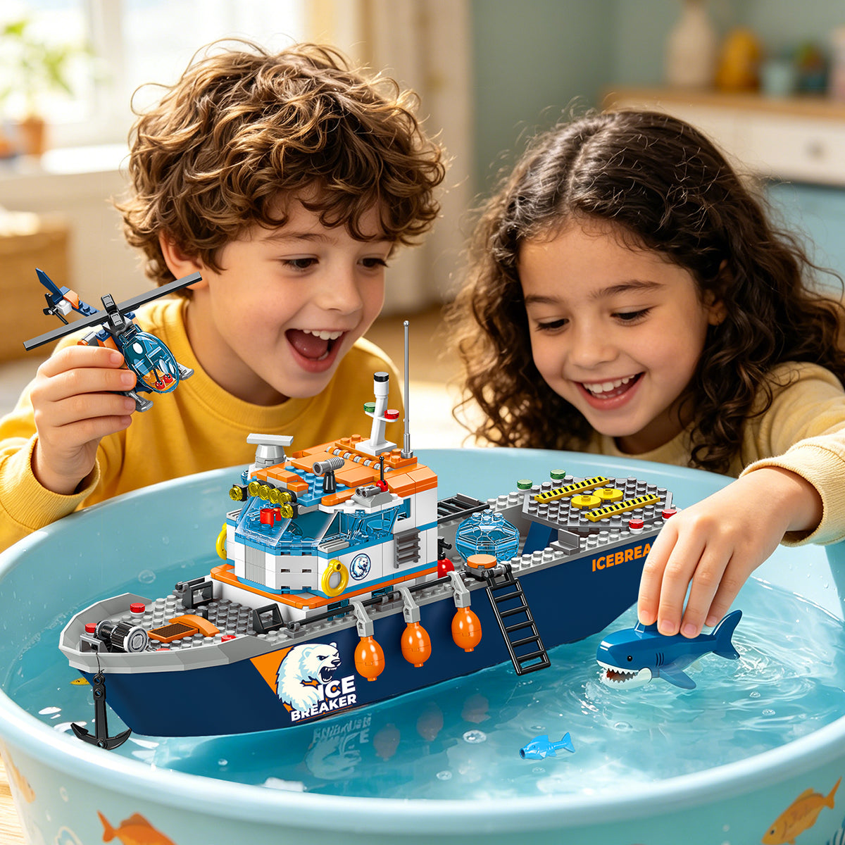 Arctic Icebreaker Ship Building Blocks Set with Helicopter, Boat & Polar Bear