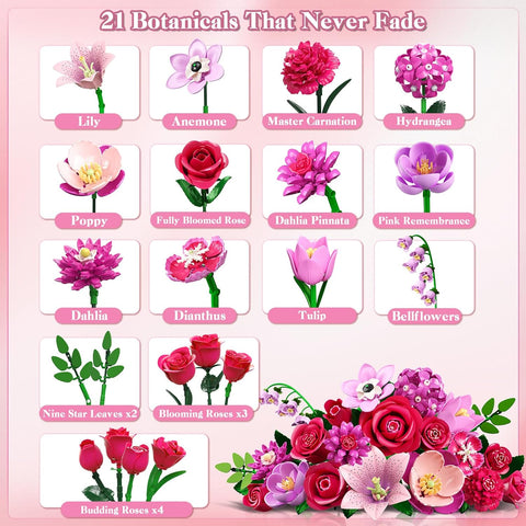 CUBIMANA 21 Rose Red Botanical Collection Kit for Adults Women, Valentine's Day Gift for Her/Wife/Girlfriend/Mom, 832 PCS