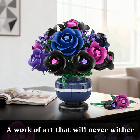 Flowers Botanicals Building Set - Artificial Purple Black Rose Bonsai Plant for Home Decor, 507PCS Artificial Flowers Building Set Indoor Gothic Decoration