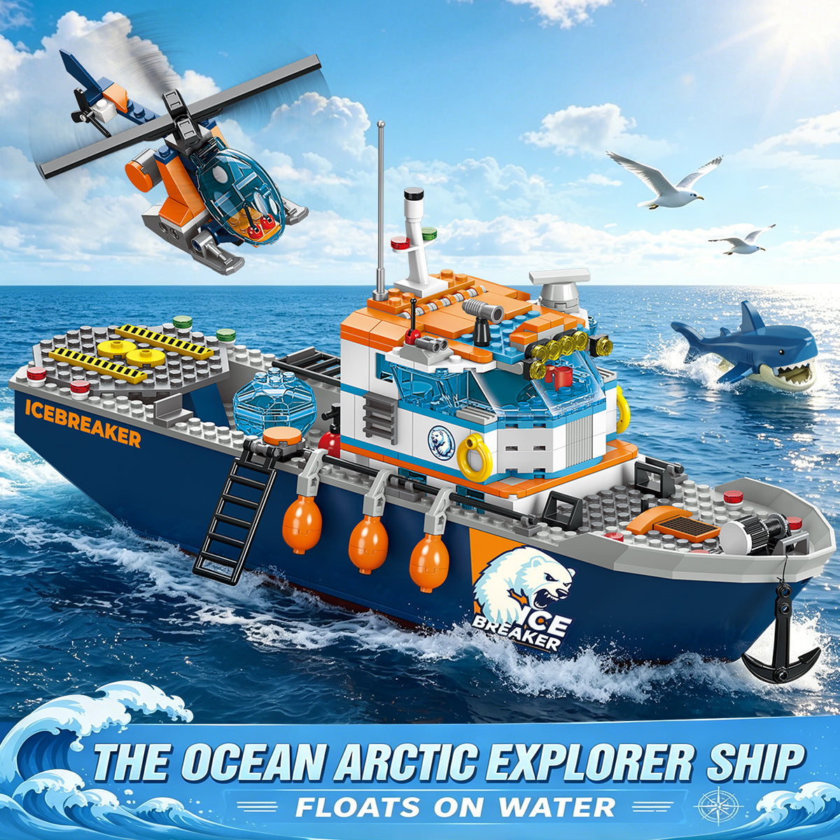 Arctic Icebreaker Ship Building Blocks Set with Helicopter, Boat & Polar Bear